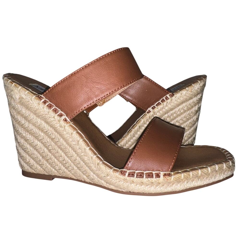 Steve Madden 7 Icey Cognac Brown Leather Espadrille Raffia Jute Wedge Sandals